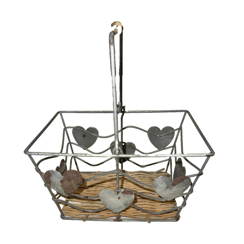 primitive/rustic rectangle wire basket with metal hearts; valentine decor